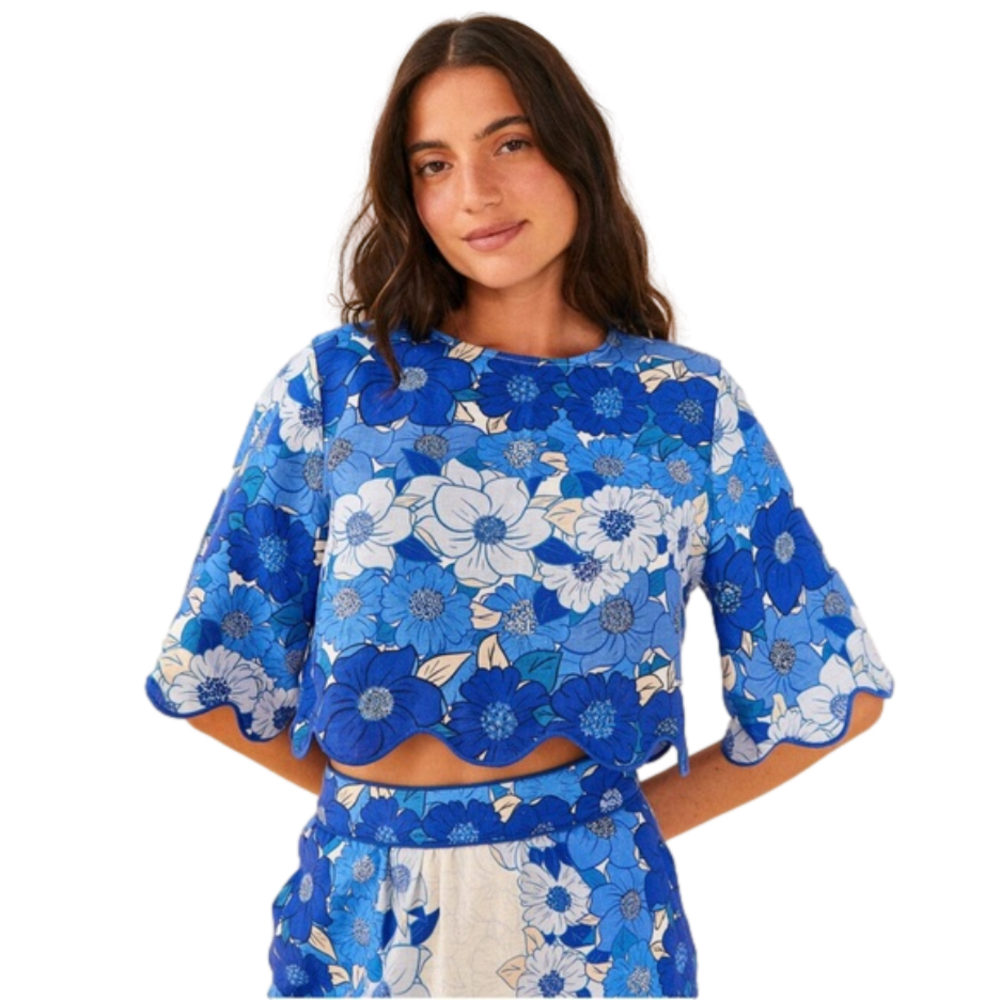 FARM Rio XL Blue Flower Stripes Crop Top Linen NWT